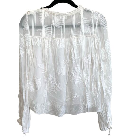 Aritzia Wilfred Palm Leaf Frayed Sheer Peasant Long Sleeve Blouse Top White XS - Picture 2 of 12